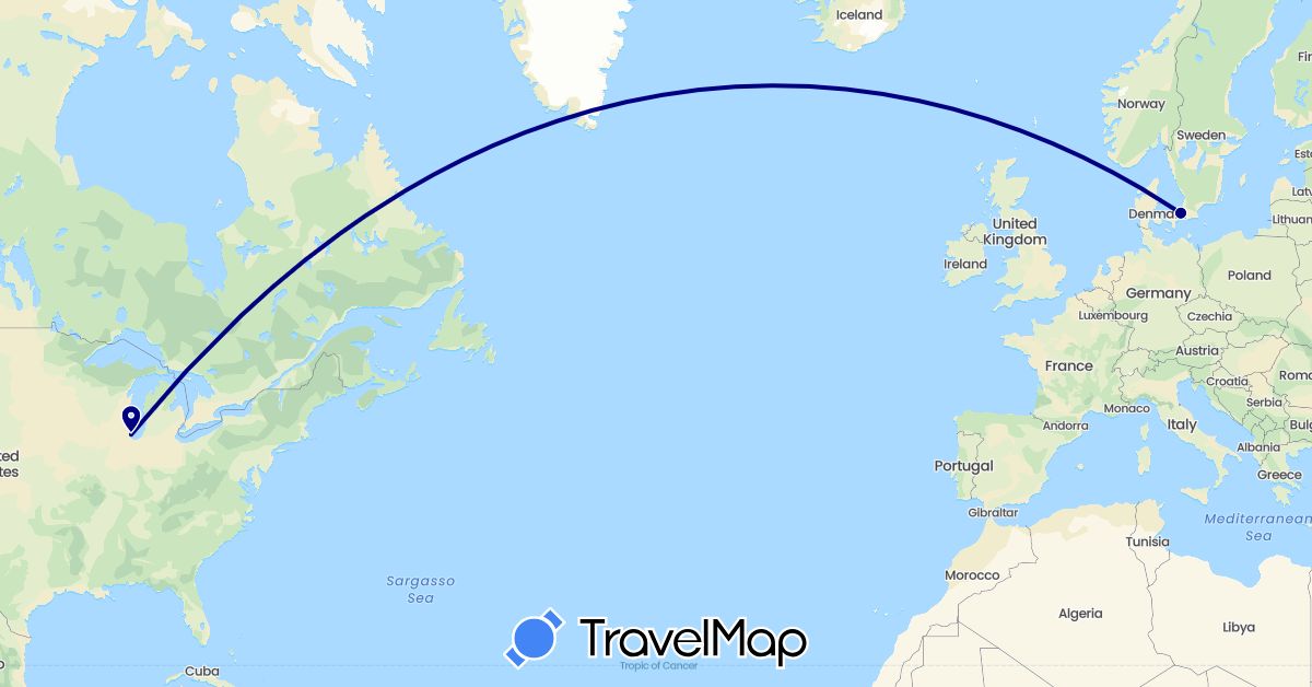TravelMap itinerary: driving in Denmark, United States (Europe, North America)